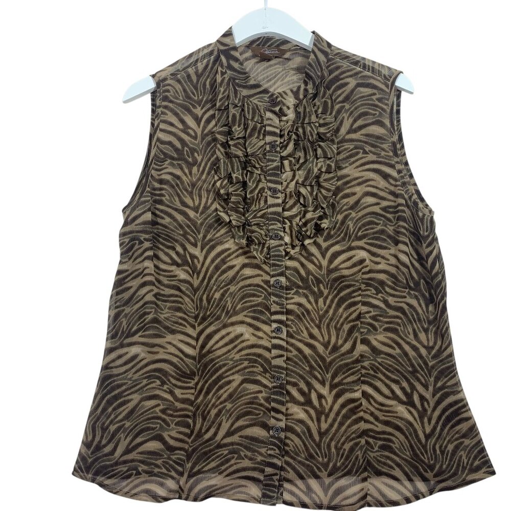 JESSICA women's zebra print sleeve ruffled short sleeve blouse sz lg